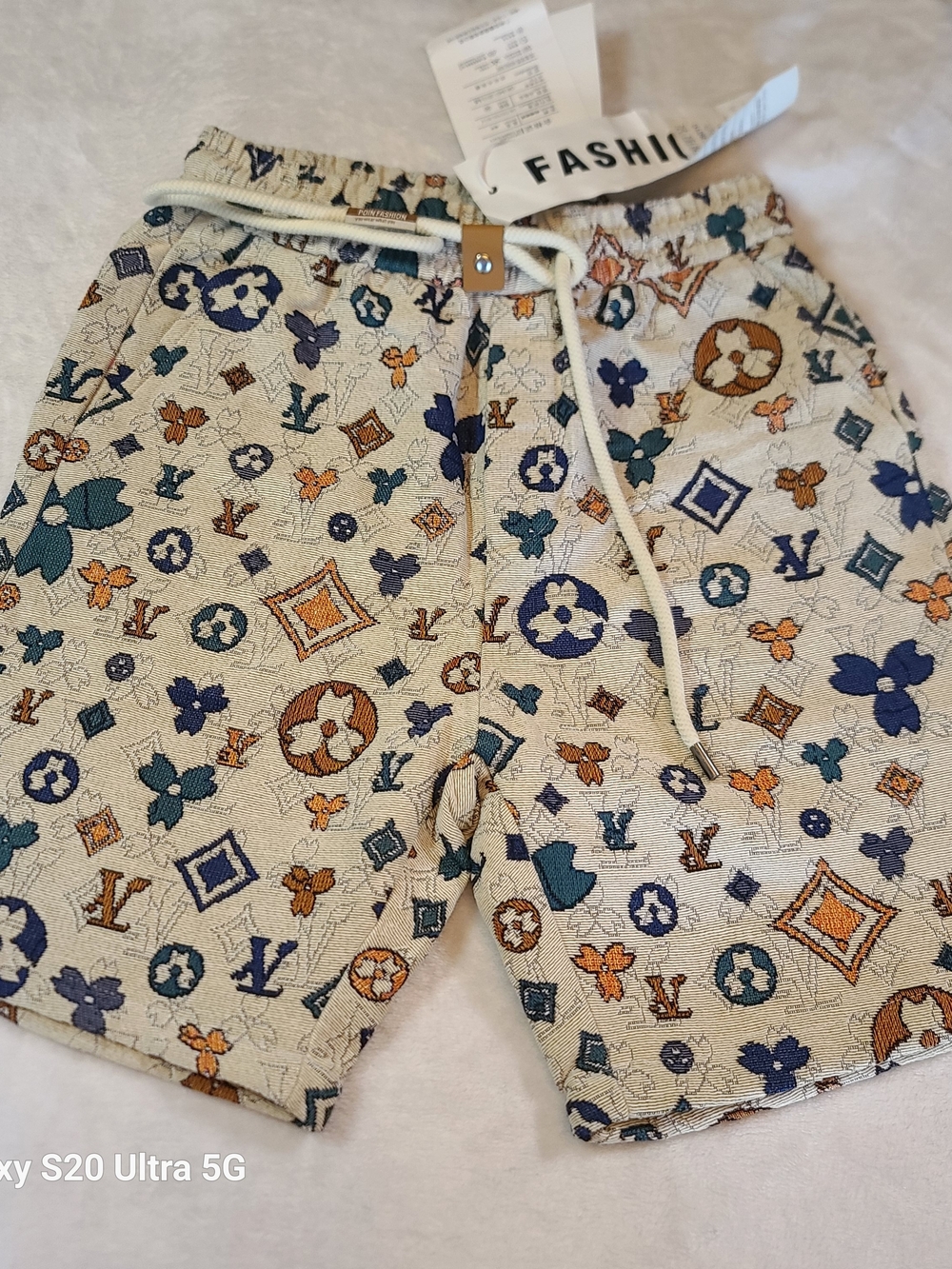 Men's Cargo Drawstring Shorts in Cream with Blue & Brown Floral Motif